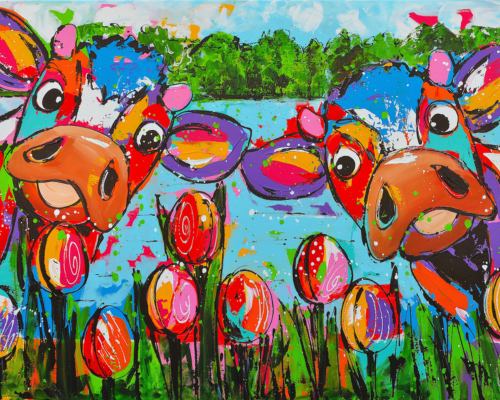 Fröhliche Malerei   Kühe mit Tulpen
