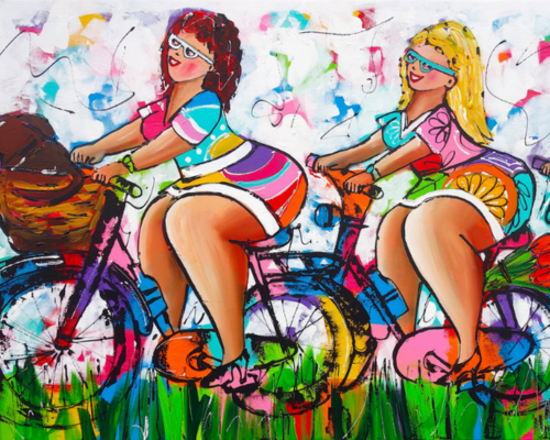 Fröhliche Malerei - Dicke Damen Radfahren