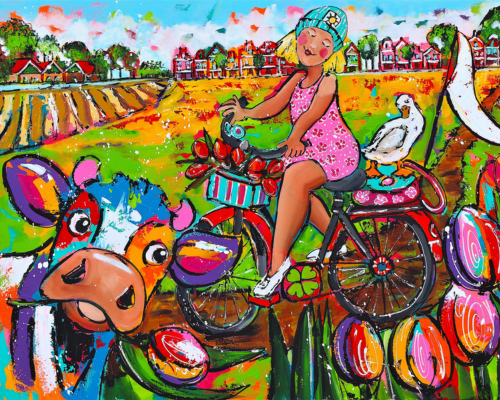 Fröhliche Malerei - Kuh und Radfahrer