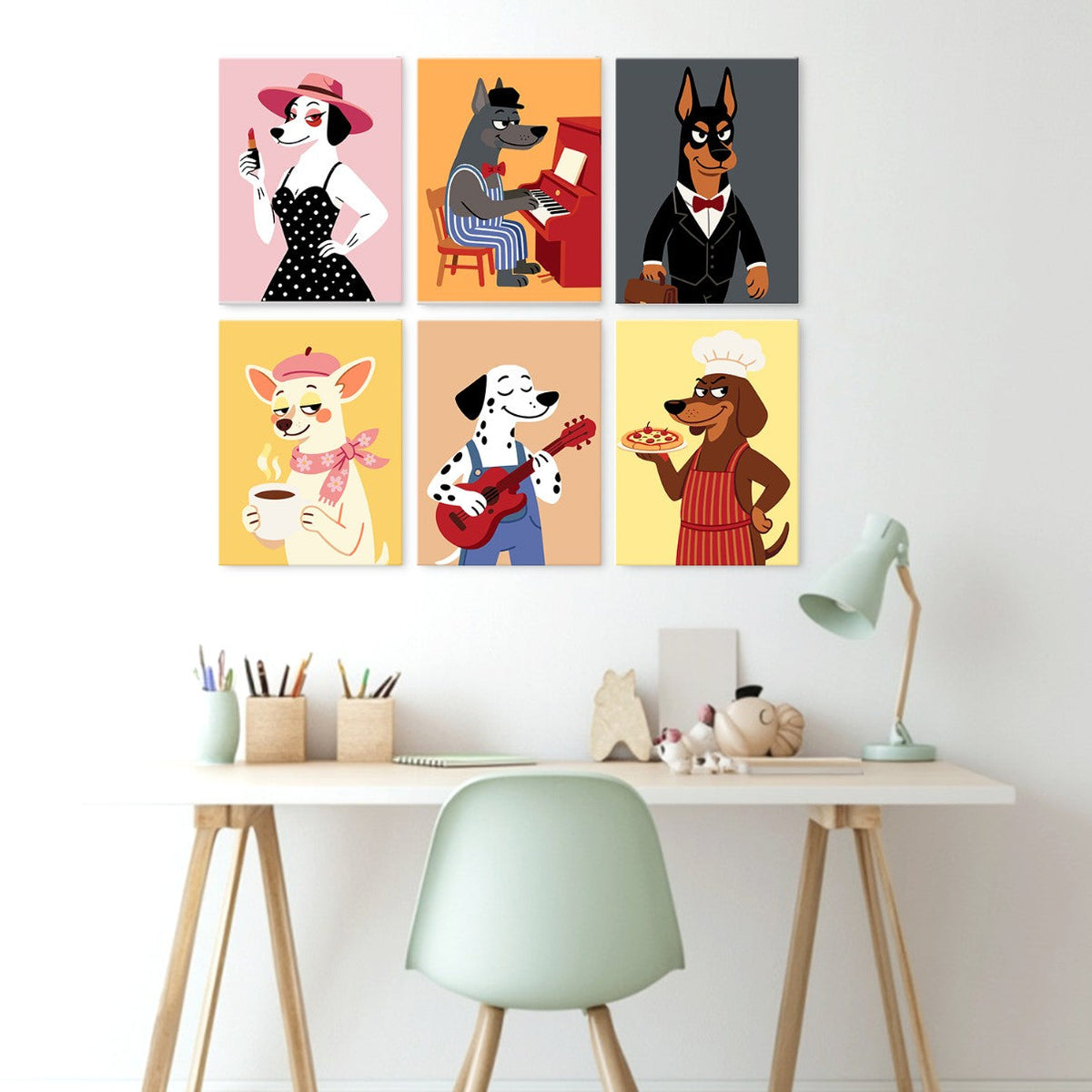 6 Mini-Gemälde auf Holzplatte – Schicke Hunde Set