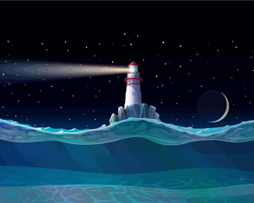 Malen nach Zahlen - Leuchtturm Meer, Unterwasser, Wellen, Nacht