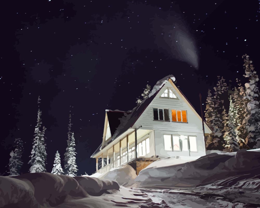 Malen nach Zahlen   Winterhaus bei Nacht