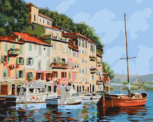 Malen nach Zahlen - Malen nach Zahlen - Das rote Boot in Portofino - by Guido Borelli