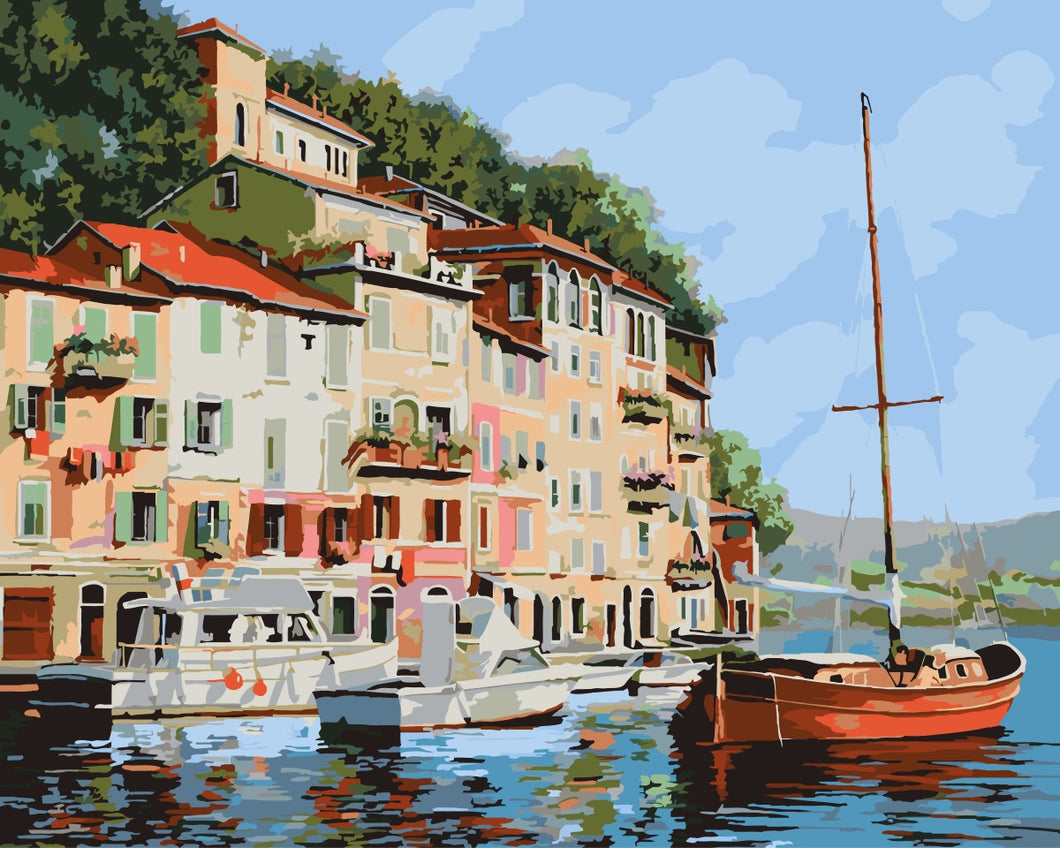 Malen nach Zahlen   Malen nach Zahlen   Das rote Boot in Portofino   by Guido Borelli