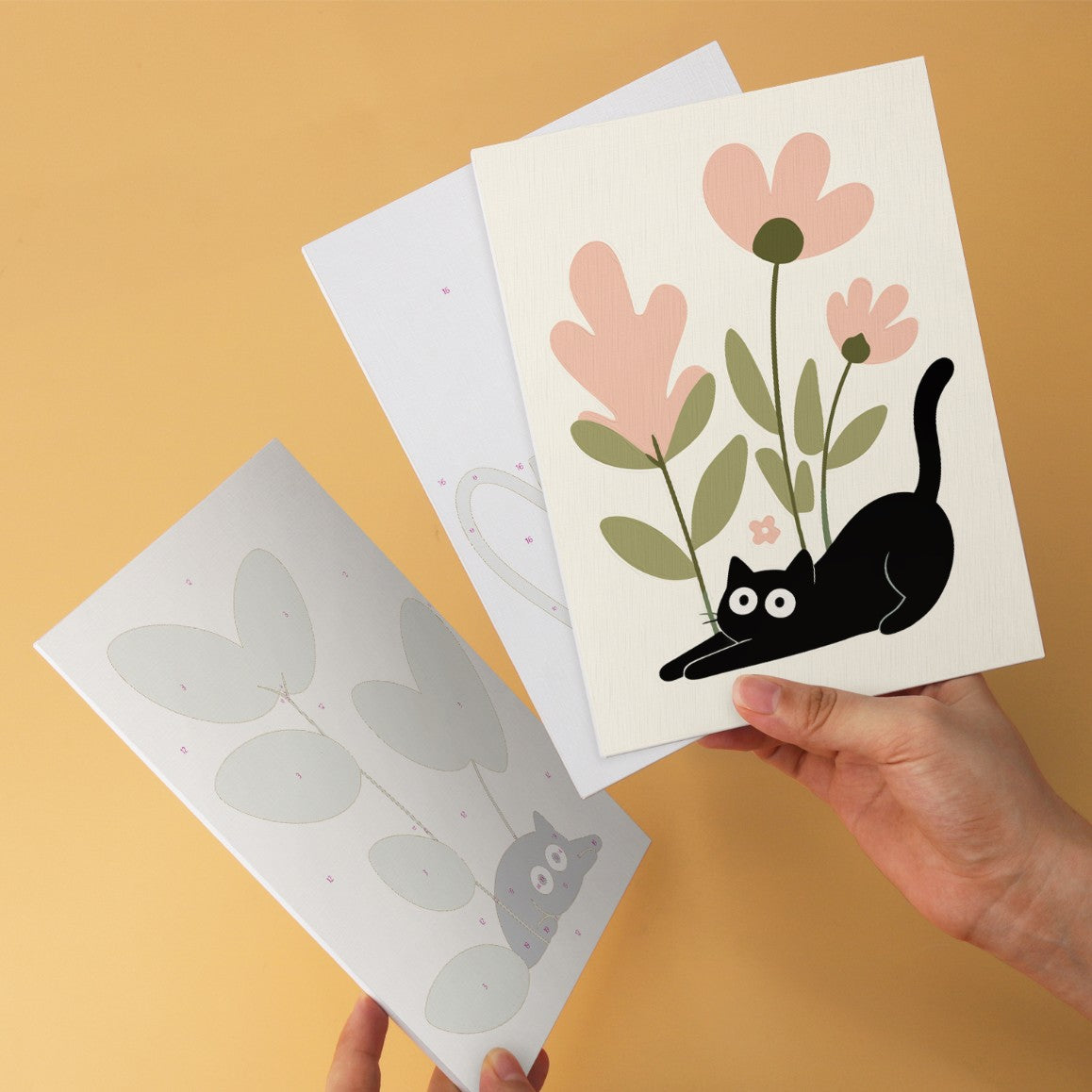 6 Mini-Gemälde auf Holzplatte – Katzen zwischen Pflanzen Set