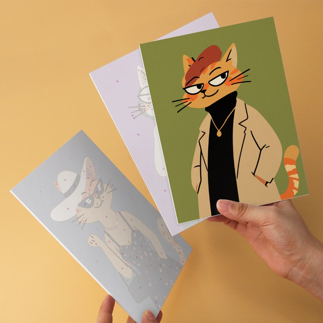 6 Mini-Gemälde auf Holzplatte – Modische Katzen Set