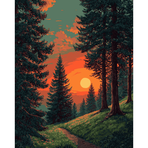 Malen nach Zahlen - Sonnenuntergang im Alpenwald