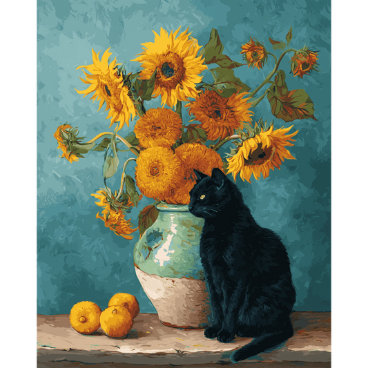 Malen nach Zahlen - Berühmte Sonnenblumen und eine schwarze Katze-Malen nach zahlen