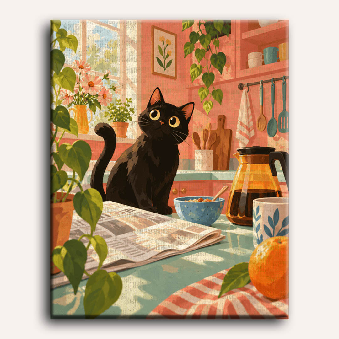 Malen nach Zahlen - Schwarze Katze am Küchenmorgen