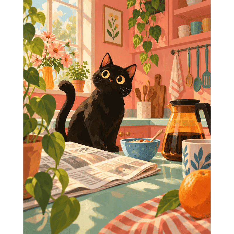 Malen nach Zahlen - Schwarze Katze am Küchenmorgen