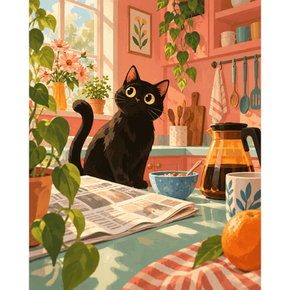 Malen nach Zahlen - Schwarze Katze am Küchenmorgen