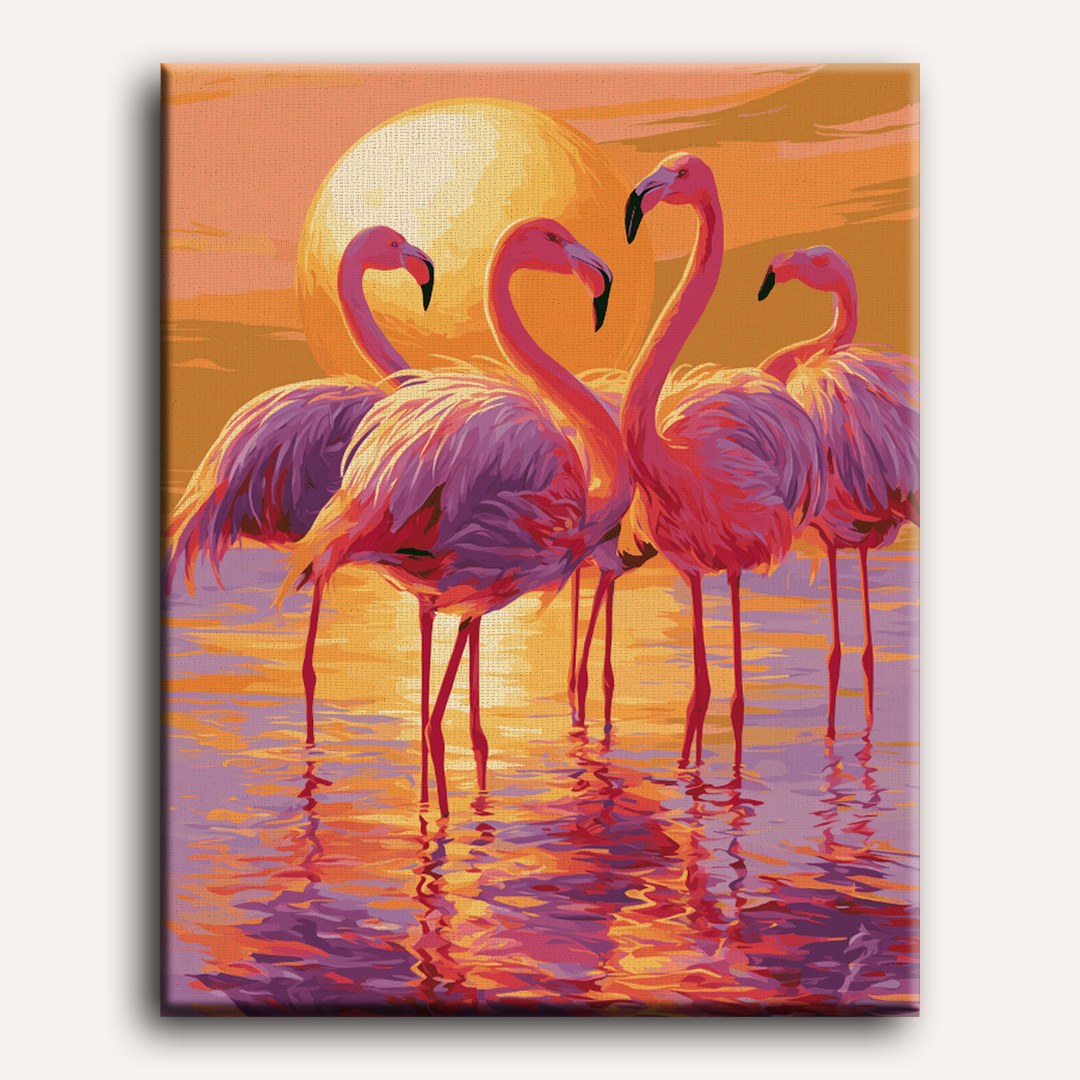 Malen nach Zahlen - Flamingo-Trio in der Dämmerung
