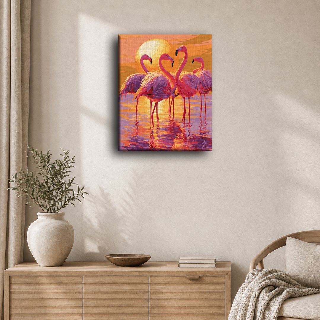 Malen nach Zahlen - Flamingo-Trio in der Dämmerung