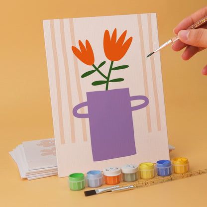 6 Mini-Gemälde auf Holzplatte – Vase voller Blüten Set