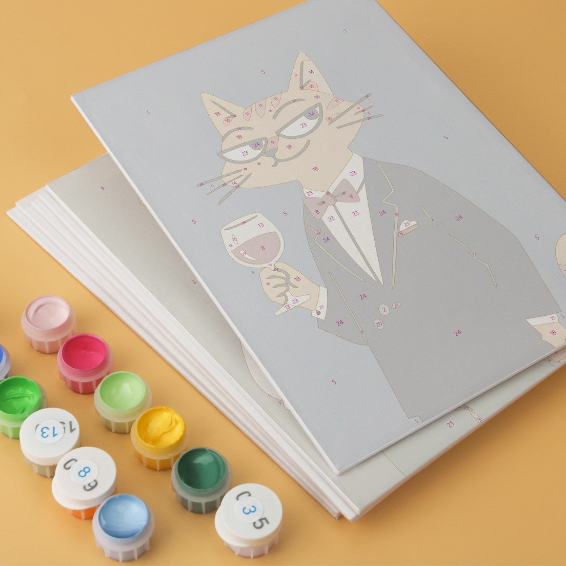 6 Mini-Gemälde auf Holzplatte – Modische Katzen Set
