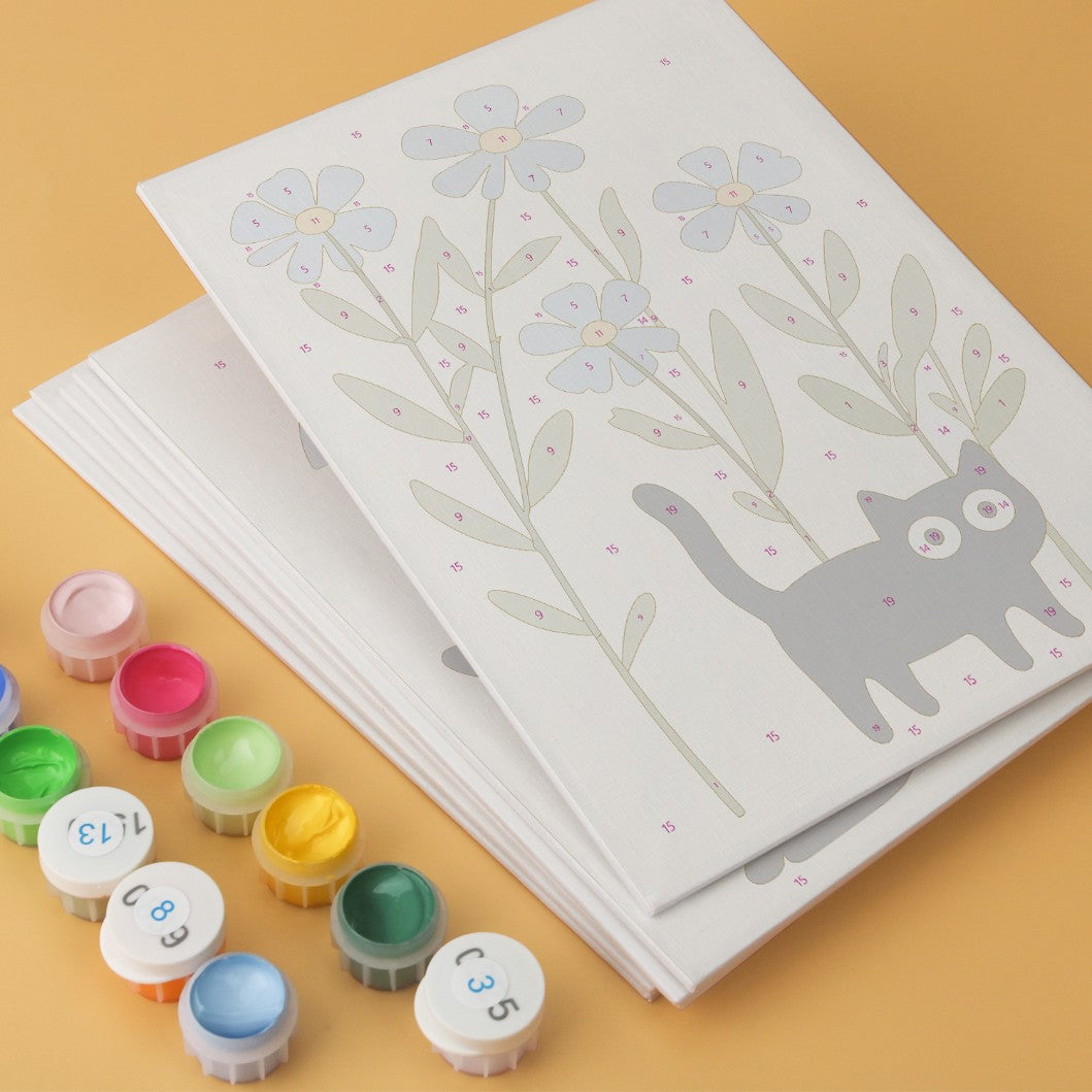 6 Mini-Gemälde auf Holzplatte – Katzen zwischen Pflanzen Set