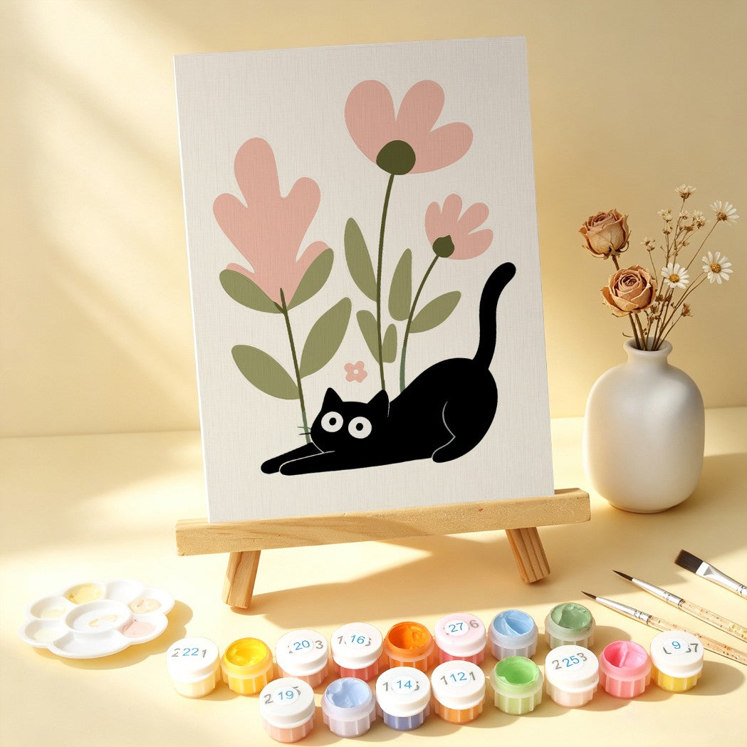 6 Mini-Gemälde auf Holzplatte – Katzen zwischen Pflanzen Set