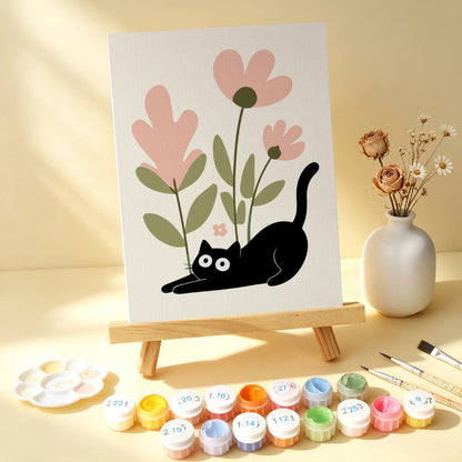 6 Mini-Gemälde auf Holzplatte – Katzen zwischen Pflanzen Set