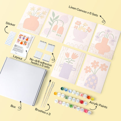 6 Mini-Gemälde auf Holzplatte – Vase voller Blüten Set