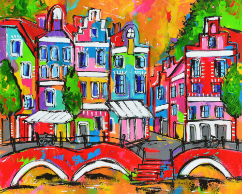 Fröhliche Malerei   Brücke mit Häusern