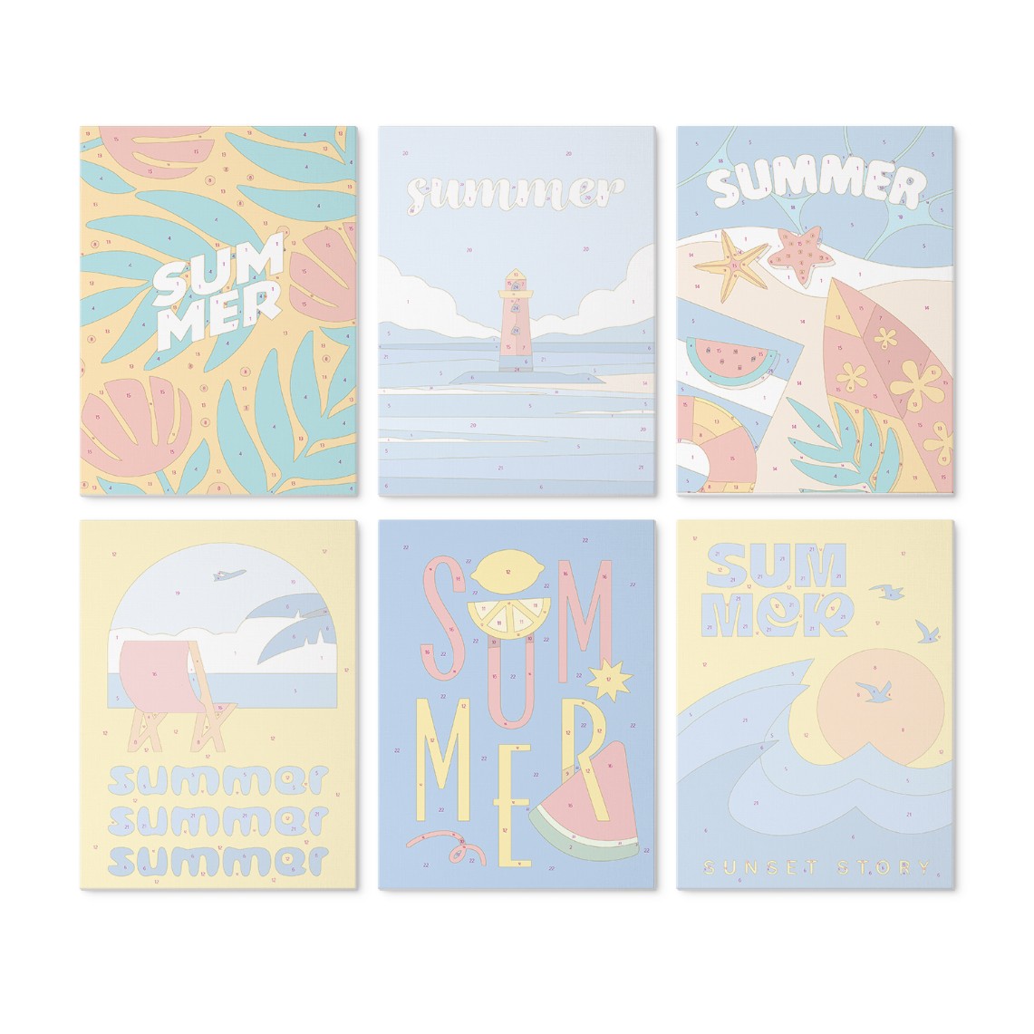 6 Mini-Gemälde auf Holzplatte – Sommerlicher Sonnenuntergang Set