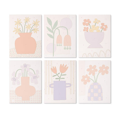 6 Mini-Gemälde auf Holzplatte – Vase voller Blüten Set