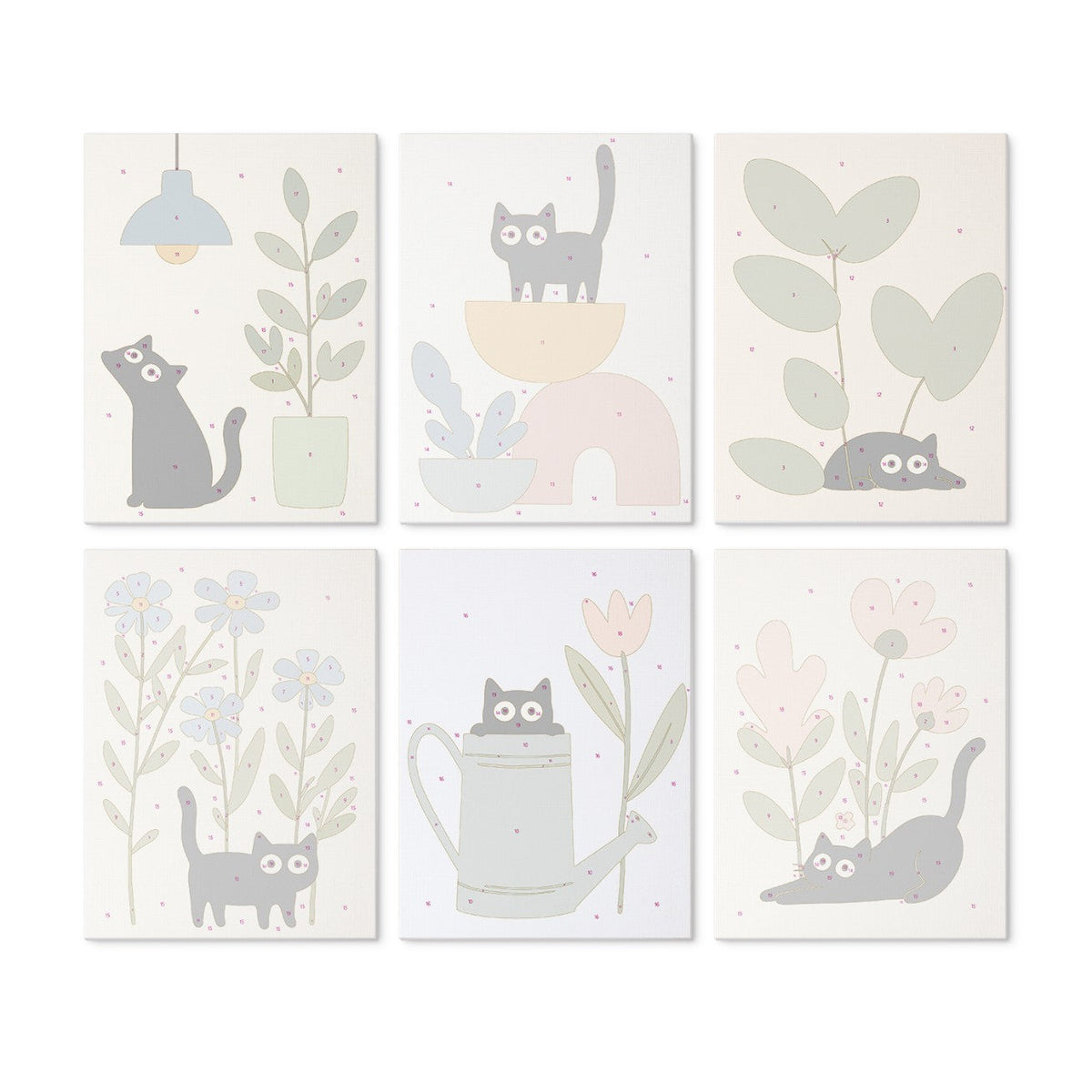6 Mini-Gemälde auf Holzplatte – Katzen zwischen Pflanzen Set