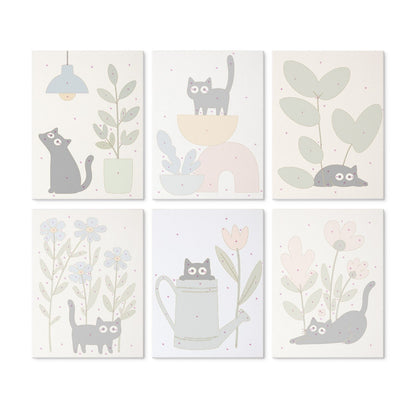 6 Mini-Gemälde auf Holzplatte – Katzen zwischen Pflanzen Set
