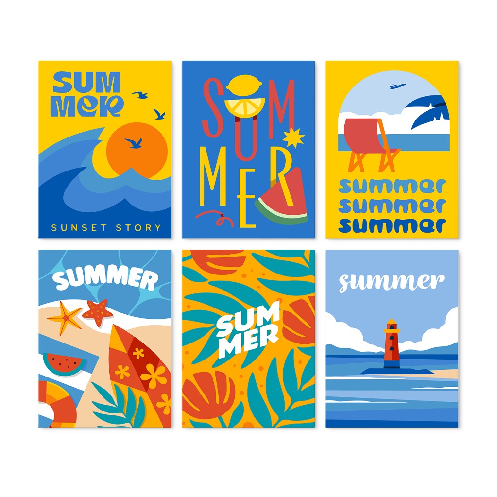6 Mini-Gemälde auf Holzplatte – Sommerlicher Sonnenuntergang Set