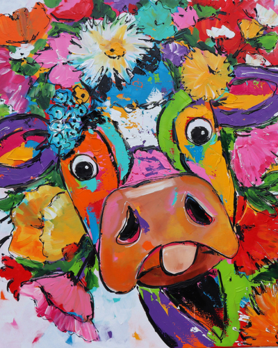 Fröhliche Malerei   Kuh mit Blumen