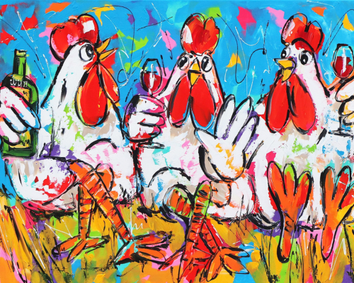 Fröhliche Malerei   Hühner mit Wein