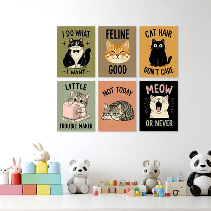 6 Mini-Gemälde auf Holzplatte – Freche Katzen Set