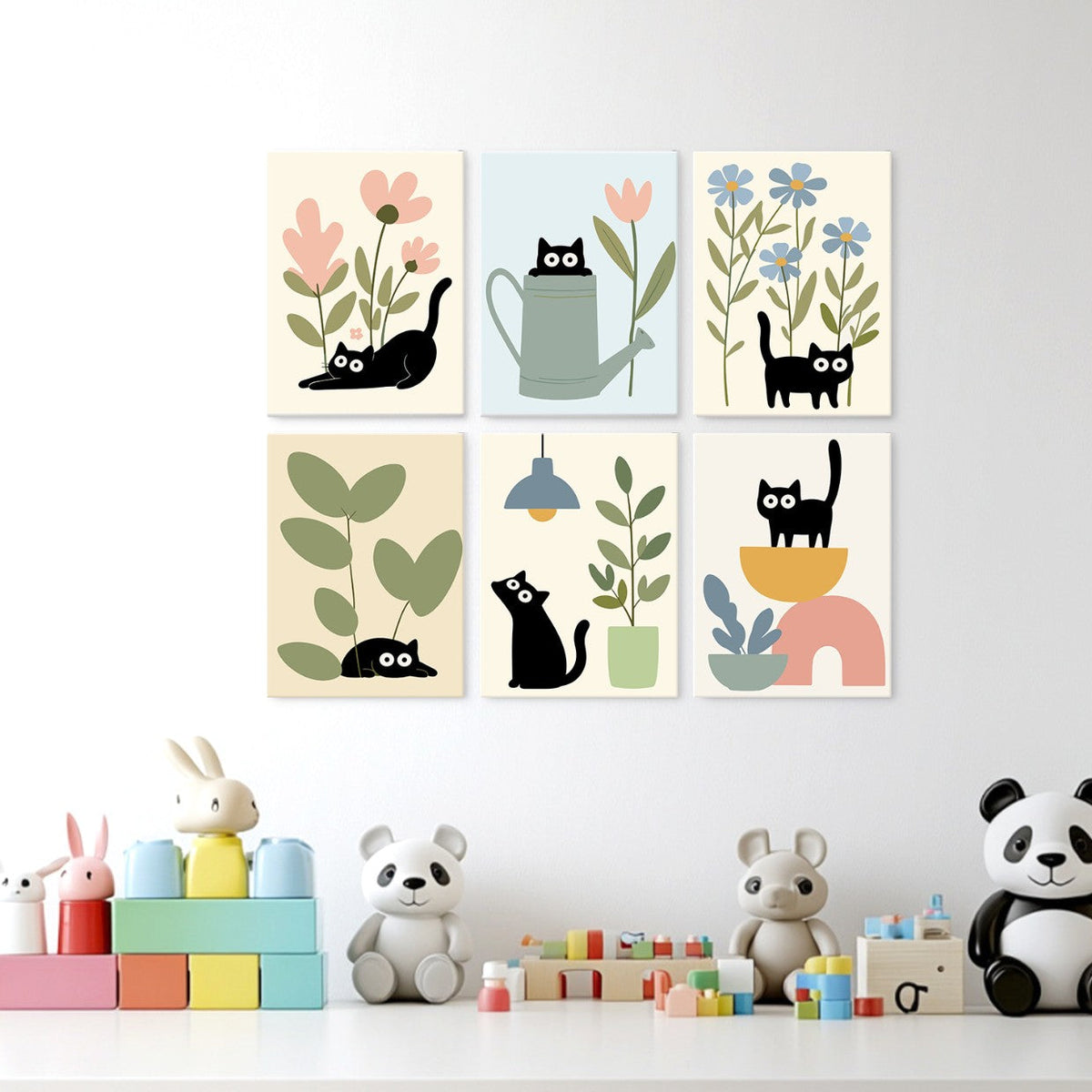 6 Mini-Gemälde auf Holzplatte – Katzen zwischen Pflanzen Set