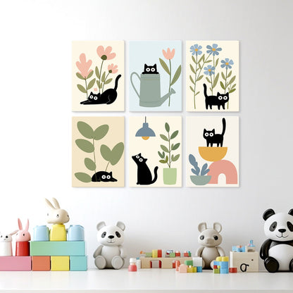 6 Mini-Gemälde auf Holzplatte – Katzen zwischen Pflanzen Set