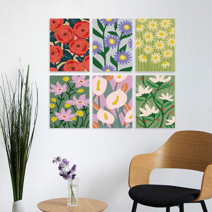 6 Mini-Gemälde auf Holzplatte – Kräftige Blüten Set