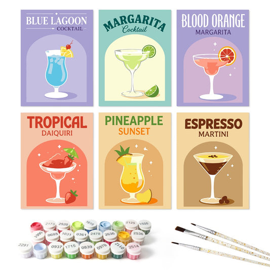6 Mini-Gemälde auf Holzplatte – Bunte Cocktails Set - Malen nach Zahlen