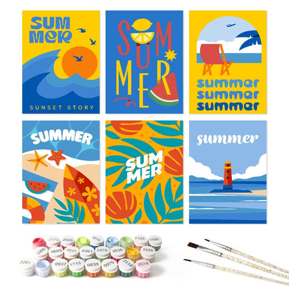 6 Mini-Gemälde auf Holzplatte – Sommerlicher Sonnenuntergang Set - Malen nach Zahlen