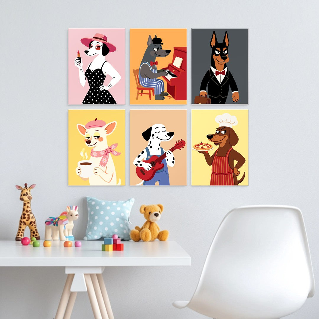 6 Mini-Gemälde auf Holzplatte – Schicke Hunde Set