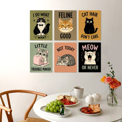 6 Mini-Gemälde auf Holzplatte – Freche Katzen Set