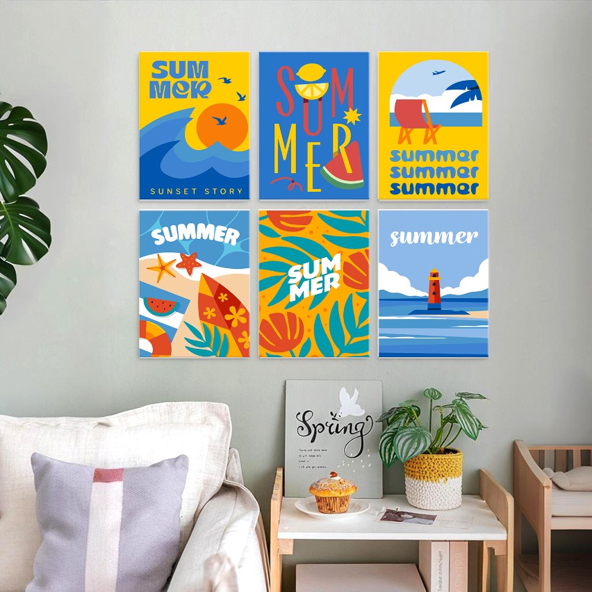 6 Mini-Gemälde auf Holzplatte – Sommerlicher Sonnenuntergang Set