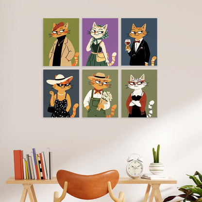 6 Mini-Gemälde auf Holzplatte – Modische Katzen Set