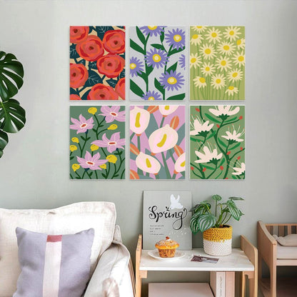 6 Mini-Gemälde auf Holzplatte – Kräftige Blüten Set