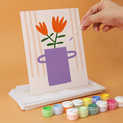 6 Mini-Gemälde auf Holzplatte – Vase voller Blüten Set
