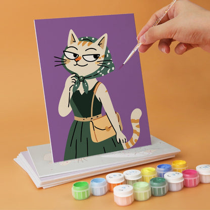 6 Mini-Gemälde auf Holzplatte – Modische Katzen Set