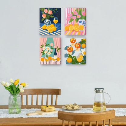 4 Mini-Gemälde | Blumen & Getränke Set