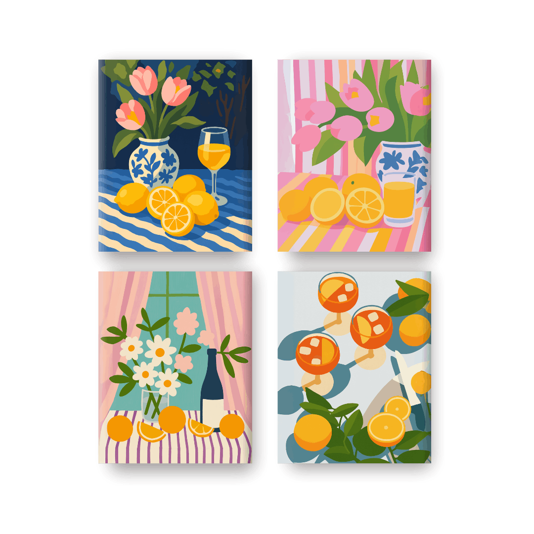 4 Mini-Gemälde | Blumen & Getränke Set - Malen nach Zahlen