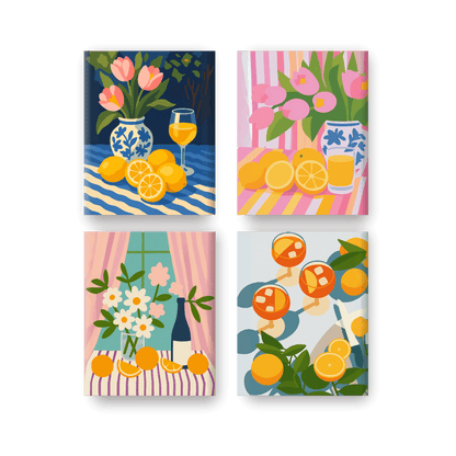 4 Mini-Gemälde | Blumen & Getränke Set - Malen nach Zahlen
