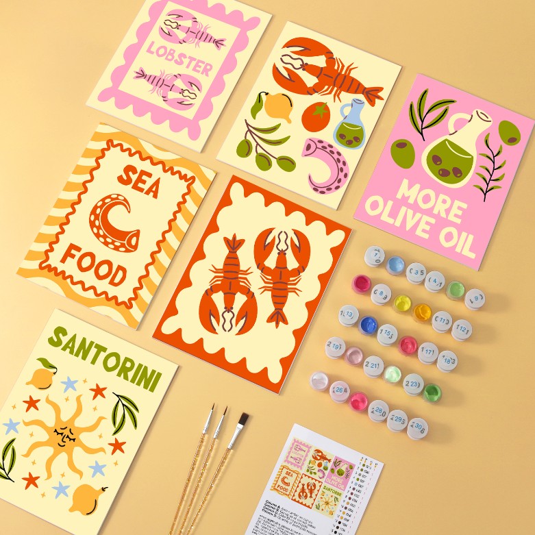 6 Mini-Gemälde auf Holzplatte – Mediterraner Fang Set