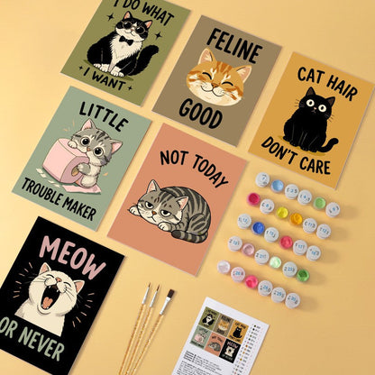 6 Mini-Gemälde auf Holzplatte – Freche Katzen Set