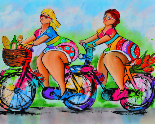 Fröhliche Malerei   Dicke Damen auf dem Fahrrad